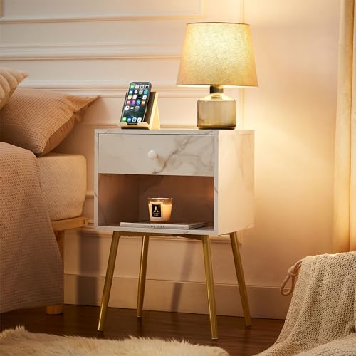 VECELO Nightstands Set of 2, Mid Century Modern End Bedside Table, Night Stand with Storage Drawer and 2 Tiers Open Shelf for Small Place, Bedroom, Living Room, Easy Assembly, White Gold - color: White Gold