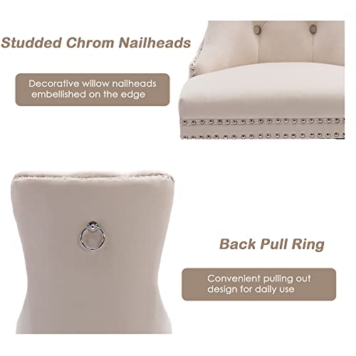 KCC Velvet Dining Chairs Set of 6, Upholstered High-end Tufted Dining Room Chair with Nailhead Back Ring Pull Trim Solid Wood Legs, Nikki Collection Modern Style for Kitchen, Beige - color: Beige, size: Set of 6