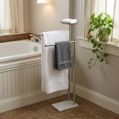 Songtec Bath Towel Rack Stand for Bathroom, 2-Tier Towel Holder Stand for Bath Towels Max to 68” & 60” Long, Practical Shelf on Top for Phone, Shampoo, Body Wash