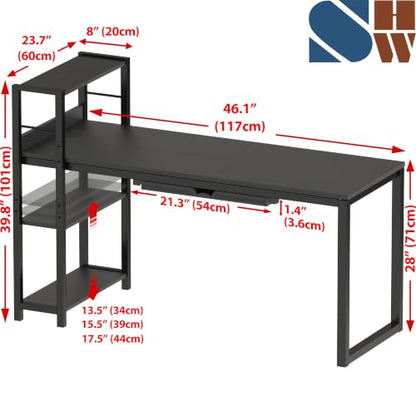 SHW 46-Inch Home Office Computer Desk w/Side Shelf & Drawer, Black | w/ Reversible Adjustable Shelf | Drawer with adjustable compartments - color: Black