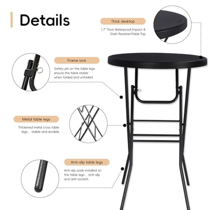 pollilar Cocktail Table 28in Portable Folding Bar Height Table, Compact Round High Top Plastic & Steel Bistro with Removable Legs, Indoor Outdoor RV Patio Catering Parties Commercial Events-Black - color: Black