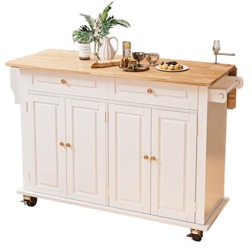 Kitchen Island with Drop Leaf, Rolling Mobile Kitchen Island on Wheels with Drawer and Storage Cabinet, Spice Rack, Towel Bar, White - size: 51.2" W, style: White