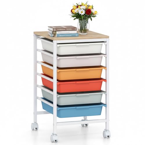 Rolling Cart with Drawers, 6 Drawer Rolling Storage Cart with Wooden Tabletop, Metal Frame & Lockable Wheels, Craft Organizers and Storage for Home Office Classroom (Macaron, 6 Drawer) - color: Macaron, size: 6 Drawer