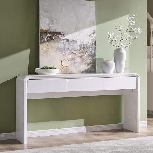 Aitjunz 63'' Console Table with 3 Drawers, Modern Entryway Table with Curved Profile Design, Narrow Long Wood Sofa Table Behind Couch Table for Living Room, Hallway, Foyer, White - color: White