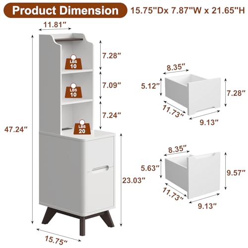 Tall Nightstand Set of 2 w/Charging Station, Narrow Nightstand w/Bookshelf | 47" Modern Side Table with 2 Drawers, Adjustable 4 Open Shelves, Wooden End Table Bedside Table for Bedroom (White) - color: White, size: Tall (2 drawer)