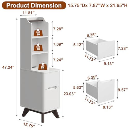 Tall Nightstand Set of 2 w/Charging Station, Narrow Nightstand w/Bookshelf | 47" Modern Side Table with 2 Drawers, Adjustable 4 Open Shelves, Wooden End Table Bedside Table for Bedroom (White) - color: White, size: Tall (2 drawer)