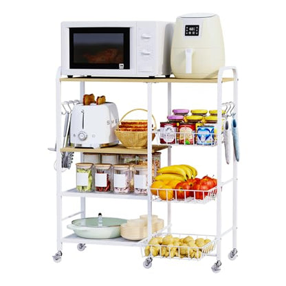 HapiRm Rolling Kitchen Microwave Cart - 4 Tier Microwave Table Stand with Pull-Out Baskets, Coffee Bar Baker's Rack with Wheels Rolling Storage Cart Organizer Shelf for Living Room Office, Balcony - color: White