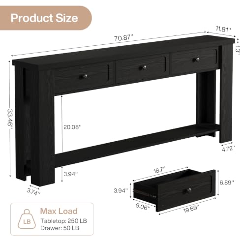 Tribesigns 70.9-Inch Long Console Table with 3 Drawers, Farmhouse Entryway Table with Storage, Rectangular Narrow Sofa Table Behind the Couch, Accent Table for Hallway, Living Room, Entry, Black - color: Black