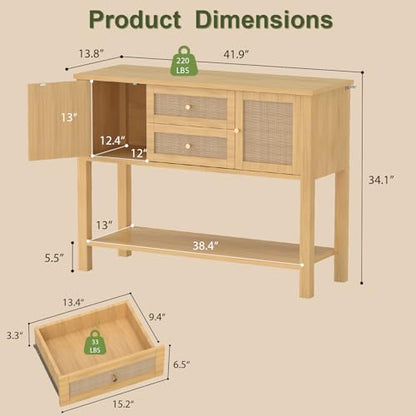 YOSHOOT Rattan Console Table with Storage, Entryway Table with 2 Doors & 2 Drawers, Farmhouse Coffee Bar for Kitchen, Living Room, and Entryway, Oak - color: Oak