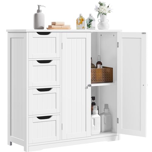Yaheetech Wooden Bathroom Floor Cabinet, Side Storage Organizer Cabinet with 4 Drawers & Double Doors, Freestanding Entryway Storage Unit Console Table, Bathroom Furniture Home Decor, White - color: White, style: 2 Doors + 4 Drawers
