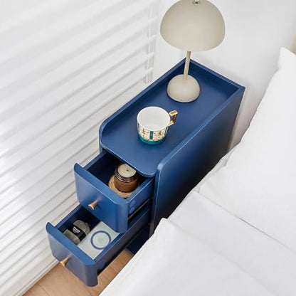 Blue Narrow Nightstand, Wooden Small 2 Drawer Nightstand, Slim Side End Table, Skinny Bedside Table, Mid Century Modern Night Stand with Drawers, for Living Room (Blue-1 pc) - color: Blue-1 Pc