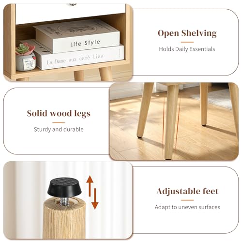 Bonnlo Nightstand Set of 2, Modern Bedside Table with Drawer Open Shelf, End Table with Solid Wood Legs for Bedroom, Oak - color: White+oak, size: 1 Drawer 1 Shelf