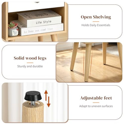 Bonnlo Nightstand Set of 2, Modern Bedside Table with Drawer Open Shelf, End Table with Solid Wood Legs for Bedroom, Oak - color: White+oak, size: 1 Drawer 1 Shelf