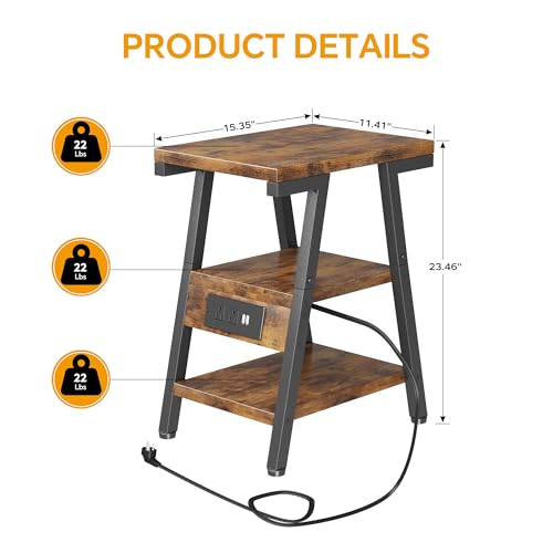 Side Table with Charging Station,3-Tier Small End Table,Lucky 7 Metal Shape | 2 AC Outlets + 2 USB Ports, Adjustable Feet, Nightstand for Bedroom, Living Room, Couch, Narrow Spaces, Rustic Brown - color: Rustic Brown