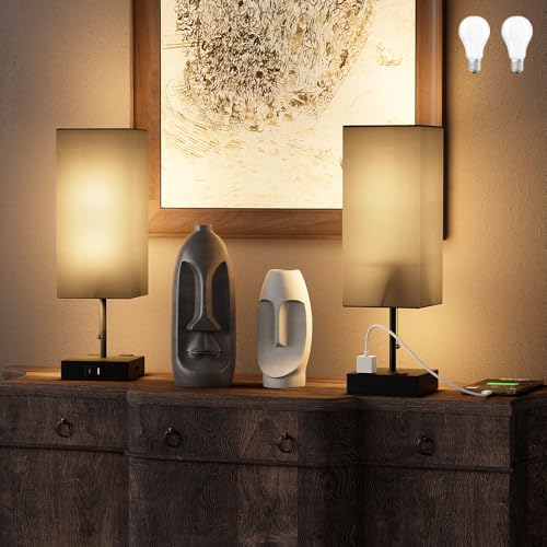 YIDPU Table Lamp for Bedroom with USB,Bedside Lamp with USB C+A Charging Ports,Adjustable 3color LED Light for Home Decor/Nightstand/Office,Included Bulb and Fabric Lamp Shade (Linen Black, 2PCS) - color: Linen Black, size: 2PCS