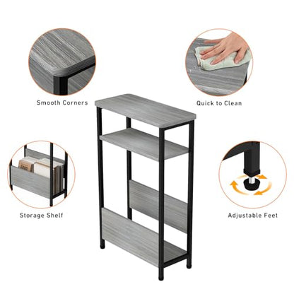 THUMEYE 7.1" Narrow Side Table for Small Spaces, 3 Tier Small End Table with Magazine Holder, Slim/Skinny Nightstand/Bedside Table for Living Room, Bedroom, 15.4" L x 24.2" H, Gray - color: Grey