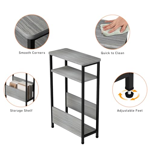 THUMEYE 7.1" Narrow Side Table for Small Spaces, 3 Tier Small End Table with Magazine Holder, Slim/Skinny Nightstand/Bedside Table for Living Room, Bedroom, 15.4" L x 24.2" H, Gray - color: Grey
