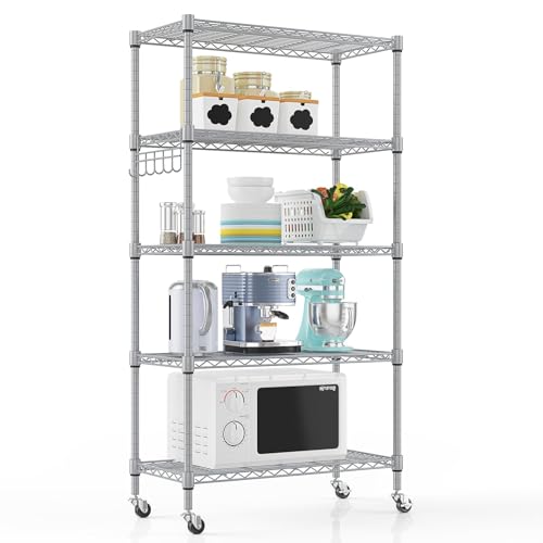 Himimi 5-Tier Storage Shelf Wire Shelving Unit on Wheels, Adjustable Heavy Duty Metal Shelves with Side Hooks, Steel Rack Organization for Kitchen Garage Basement, Silver - color: Silver, size: 13.78"D x 29.92"W x 62.20"H, 5-Tier