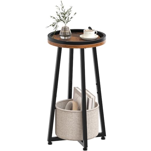 HOOBRO Small Round Side Table, 2-Tier Round Sofa End Table, Compact Nightstand with Cotton Linen Storage Basket, for Small Space, Living Room, Bedroom, Dorm, Rustic Brown BF183BZ01 - color: Rustic Brown