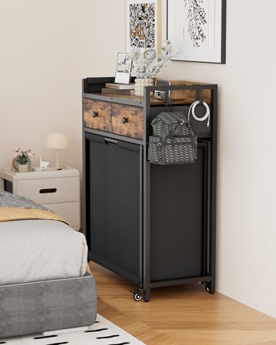 Laundry Hamper Basket: 2 Section Laundry Sorter with Wheels and Shelf - Rolling Laundry Basket Organizer with Shelf Drawers and Pull-Out Cart - Clothes Hamper for Laundry Room Bathroom Bedroom