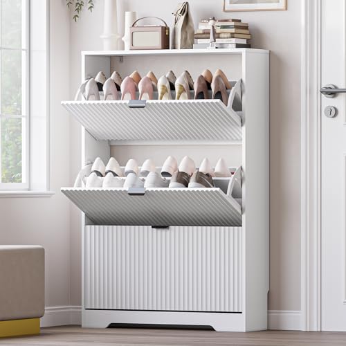 BORNOON Entryway Shoe Cabinet with 3 Flip Drawers, Narrow Shoe Organizer Cabinet with Fluted Panel and Adjustable Shelves for Foyer, Hallway - color: White, size: 3-Drawer