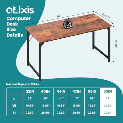 OLIXIS Home Office Computer Desk, Small Office 63-inch Writing and Study Desk, Bedroom Table with Metal Frame and Wooden Top, Compact Modern Study Table for Home Use, Rustic Brown - color: Rustic Brown, size: 63-In