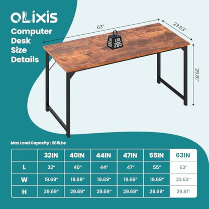 OLIXIS Home Office Computer Desk, Small Office 63-inch Writing and Study Desk, Bedroom Table with Metal Frame and Wooden Top, Compact Modern Study Table for Home Use, Rustic Brown - color: Rustic Brown, size: 63-In
