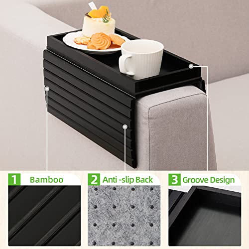 GEHE Bamboo Sofa Arm Tray, Foldable Couch Arm Tray Side Table, Anti-Falling Armrest Tables Cup Holder for Snacks, Drinks, Beers, Phone, Control, Flexible and Portable, Anti-Slip Bottom - color: Black