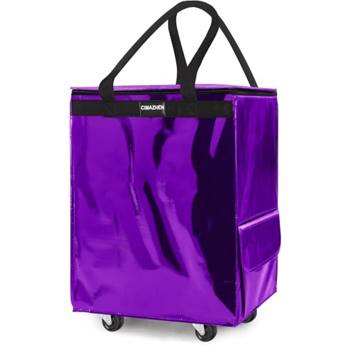 Reusable Grocery Bag Tote Bag with Wheels, Foldable Rolling Tote Bag with 3 Handles and Zipper - color: Purple, size: Medium