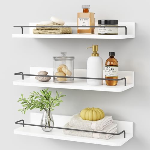 Forbena White Floating Shelves Bathroom Shelves Over Toilet Set of 3, Bathroom Organizers and Storage Shelves Wall Mounted, Modern Wood Corner Wall Shelf for Bedroom Closet -White and Dark Grey - color: White and Grey, size: 17 Inch