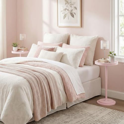HOOBRO Small Round Side Table, Drink Table, Coffee Martini Table with Pedestal Accent for Small Spaces in Living Room, Bedroom, Sofa Couch, Pink KK168BZ01 - color: Pink