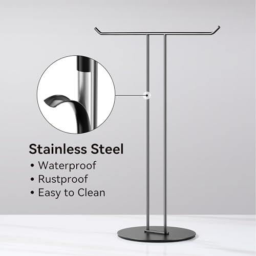 T-Shaped Hand Towel Holder Stand – Countertop Stainless Steel Towel Rack with Non-Slip Base for Bathroom, Kitchen, Vanity, Matte Black