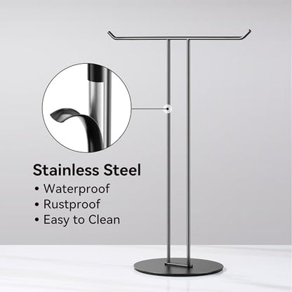 T-Shaped Hand Towel Holder Stand – Countertop Stainless Steel Towel Rack with Non-Slip Base for Bathroom, Kitchen, Vanity, Matte Black