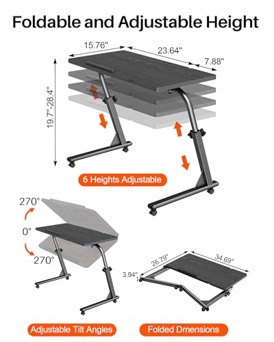 TV Tray Table, Mobile TV Dinner Trays for Eating on Couch, Folding Side Desk with Wheels, Tilt & Height Adjustable Snack Table Laptop Desk for Sofa Living Room Bedroom & Office (Black) - color: Black