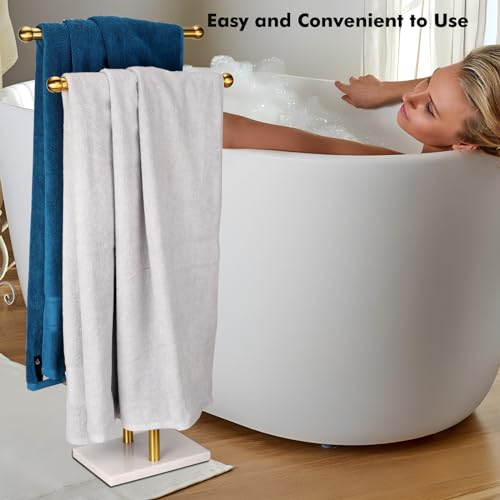 WAYDELI Standing Towel Rack Double-T Shape Tall Bath Towel Sheet Holder with Marble Design Base for Bathroom 2 Tier Towel Holder Stand Stainless Steel (Brushed Gold) - color: Brushed Gold