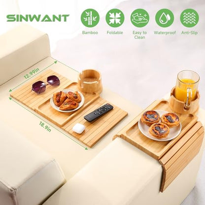 Couch Cup Holder Tray,Large Bamboo Couch Armrest Table with Cup Holder,Foldable Anti-Slip Sofa Arm Tray for Coffee Cup,Water Bottles,Mug,Snacks,Remote - color: Bamboo