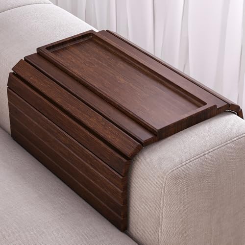 Sofa Arm Tray,Bamboo Folding Couch Arm Tray,Sofa Armrest Tray with Anti-Slip Pad for Drinks,Snacks,Phone,Remote Control（Brown） - color: Brown