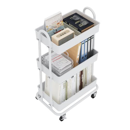 3-Tier Utility Cart with Wheels, Rolling Cart, Storage Shelves, Multi-Functional Organizer Cart for Bathroom, Office, Kitchen, White - size: No hanging baskets