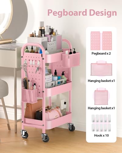 ALVOROG 3 Tier Rolling Cart with DIY Pegboards Metal Utility Cart with Wheels Handles Baskets Hooks, Craft Cart for Office Kitchen Bathroom(Cherry Blossom Pink) - color: Cherry Blossom Pink