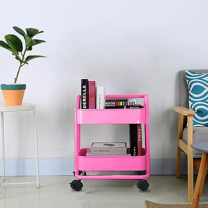 Melody House 2-Tier Metal Mesh Rolling Cart Storage Organizer with Utility Handle and Wheels, Multi-Functional Storage Trolley for Office Living Room Kitchen, Pink