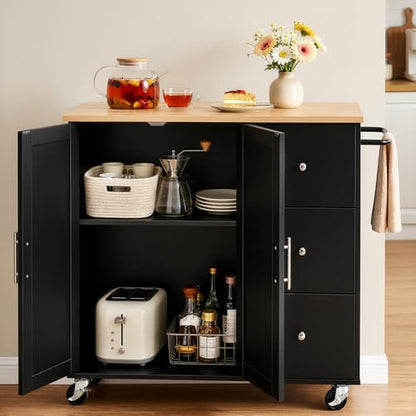 VEVOR Kitchen Island Cart with Storage, 42.4 in Wide Mobile Rolling Storage Island on Swivel Wheels, with 3 Drawers, Storage Cabinet, Drop Leaf, Towel Rack, Table for Home Dining Room, Black - size: 42.4" W (dropleaf)