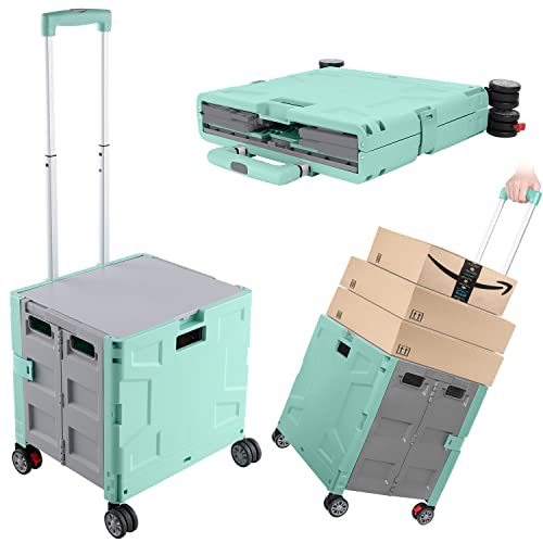 Foldable Shopping Utility Cart Portable Rolling Crate Handcart with 360°Rotate Wheel,Hidden Lid,Telescoping Handle Collapsible for Travel Shopping Moving Storage Office Use(Green/Gray) - color: Green, size: Hidden Lid