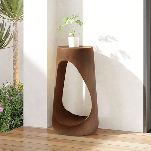 Wabi-Sabi Hollow Pedestal Side Table, Wood Grain Sculpted Accent End Table, Tall Plant Stand Nightstand for Living Room Bedroom Balcony Indoor Covered Patio Decor - color: 1pcs-shape-a-antique Brown