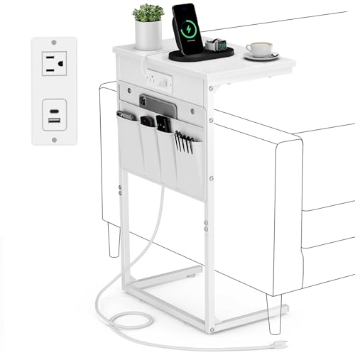 C Shaped End Table with Charging Station, 28" Tall Couch Side Table, Sofa Table Beside Table, Slide Under Sofa Arm C Table for Small Spaces, TV Tray Table for Living Room, Bedroom, White - color: White