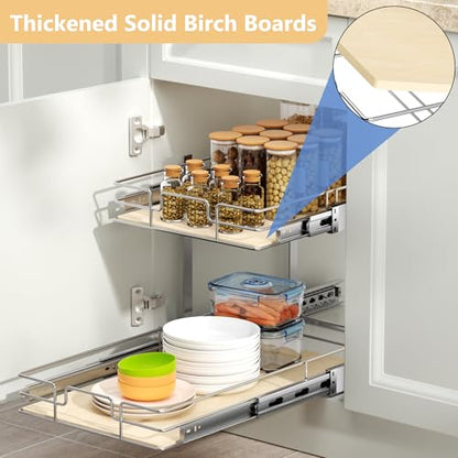 ROOMTEC 2 Tier Individual Pull Out Cabinet Organizer 16½"W x 21½"D, Slide Out Wood Shelves Organizers, Pull Out Drawers Organization and Storage for Kitchen Cabinet - size: 16½" W x 21½" D