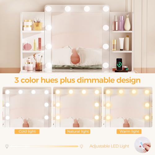 BEWISHOME Makeup Vanity Desk with Mirror and Lights White Vanity Table with Glass Top Power Outlet Stool,Makeup Desk with 9 Drawers and 4 Storage Shelves,Dressing Table for Bedroom Women FST39W