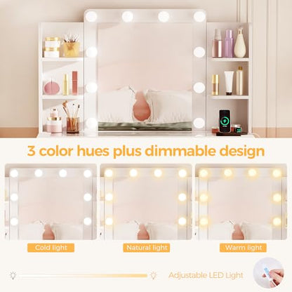 BEWISHOME Makeup Vanity Desk with Mirror and Lights White Vanity Table with Glass Top Power Outlet Stool,Makeup Desk with 9 Drawers and 4 Storage Shelves,Dressing Table for Bedroom Women FST39W