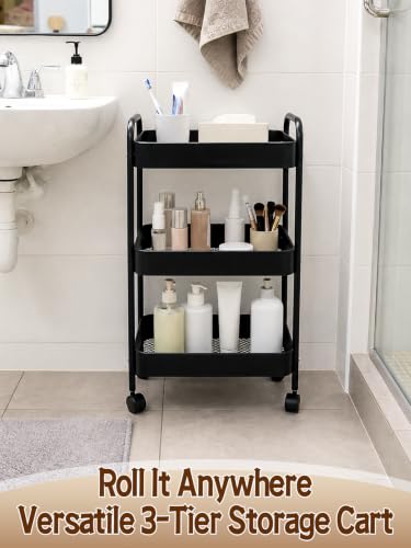 3-Tier Carbon Steel Rolling Cart for Dorm, Black | Utility Cart College Essentials with 360° Swivel Lockable Wheels, Book Cart Self Organizer for Girls Bedside Snack Storage