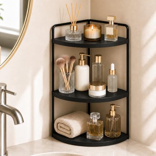 3-Tier Corner Bathroom Counter Organizer, Solid Pine Vanity Shelf, Black | Solid pine 3-tier corner shelf with 6.3 in clearance for tall bottles in bathroom, vanity, kitchen, or coffee bar. - color: Black