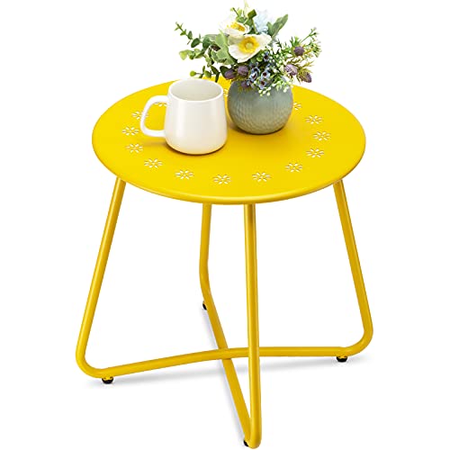 danpinera Outdoor Side Tables with Flower Cut Outs, Weather Resistant Steel Patio Side Table, Small Round Outdoor End Table Metal Side Table for Patio Yard Balcony Garden Yellow - color: Yellow